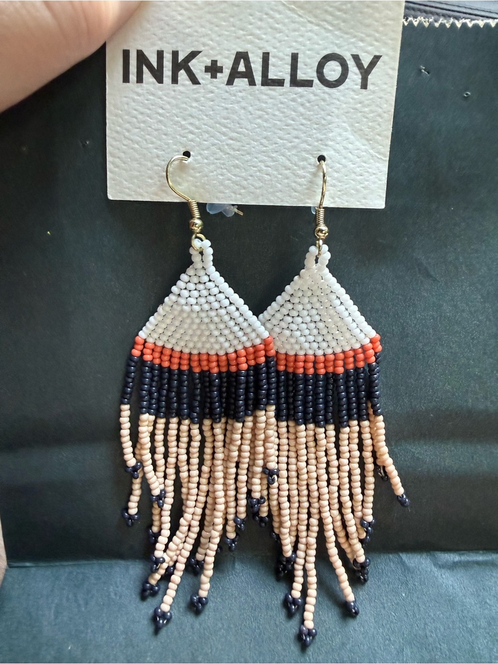 INK+ALLOY White, Navy & Coral Beaded Fringe Dangle Earrings
